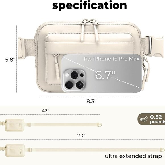 Essential+ Off White Fanny Pack w/70" Strap - Plus Size & Double Compartment - Picture 6 of 9